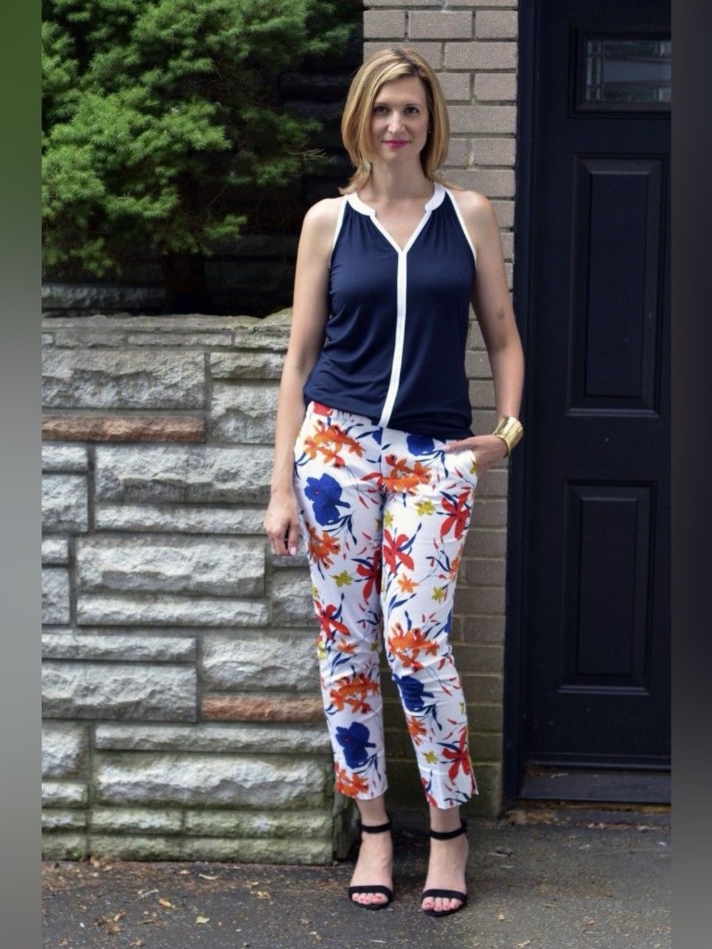Banana Republic White Floral Pants with Blue, Orange, Red & Green Print